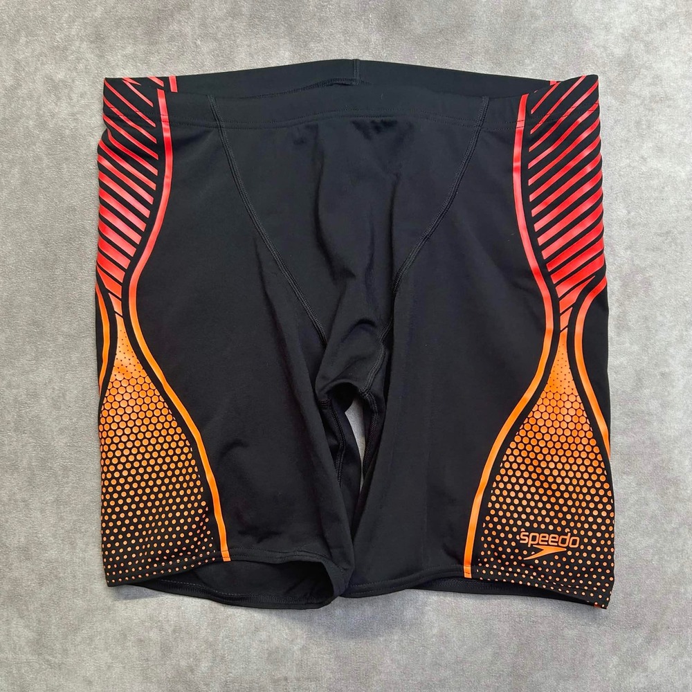 Speedo Endurance+ Mens Jammer Swim Shorts Black Orange Red Graphic Size 38